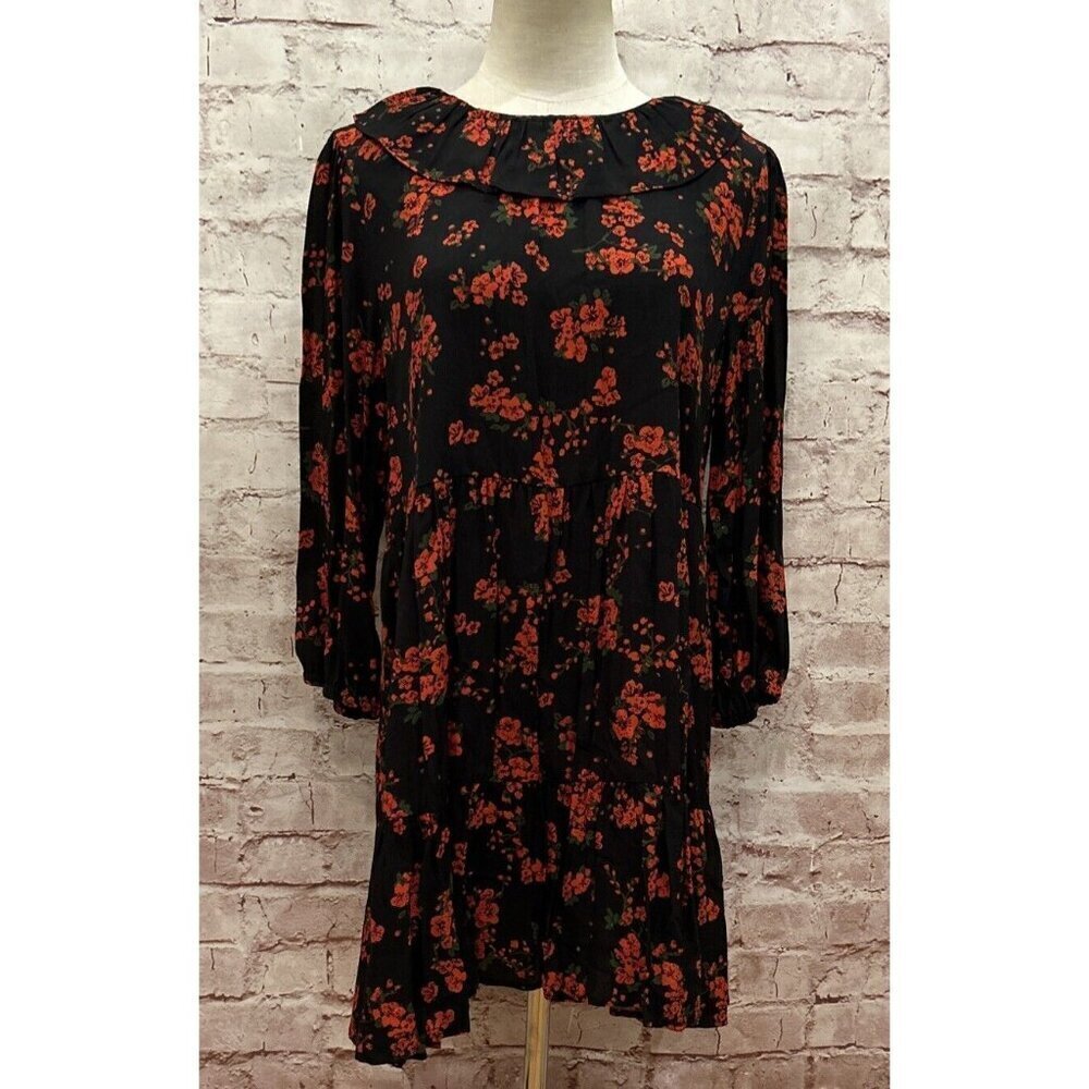 ZARA Womens Mini Shift Babydoll GRACE Dress Black Red Floral Ruffle Size M NEW